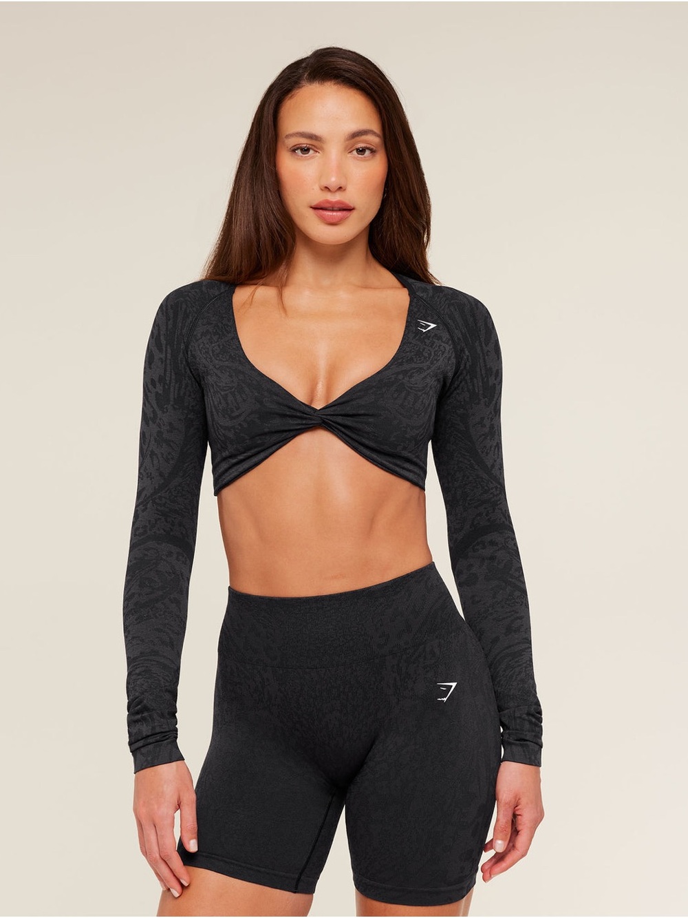 Gymshark Black Long-Sleeve Twist-Front Cropped Workout Top